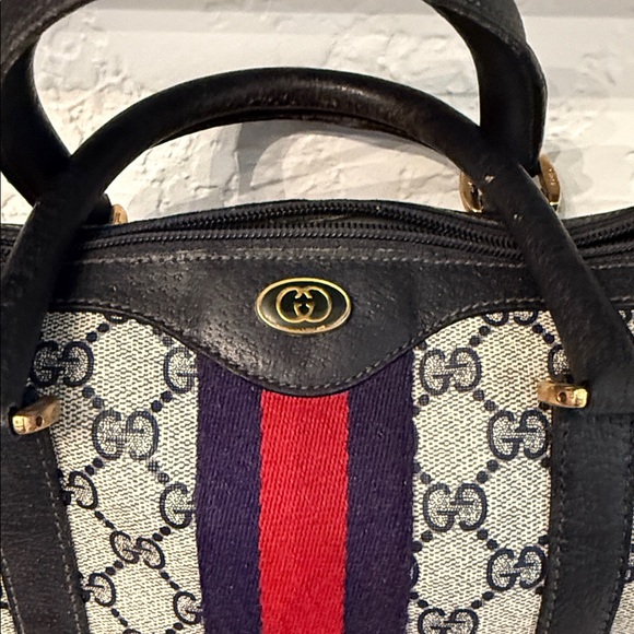 Vintage Gucci Beige and Navy Satchel with Red and Blue Stripe - Picture 2 of 10
